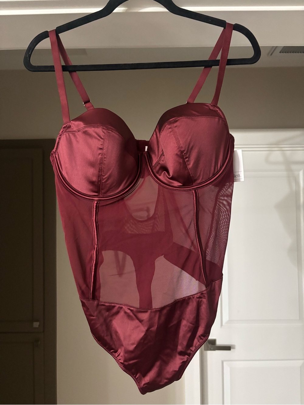 Auden Burgundy Satin & Mesh Bodysuit